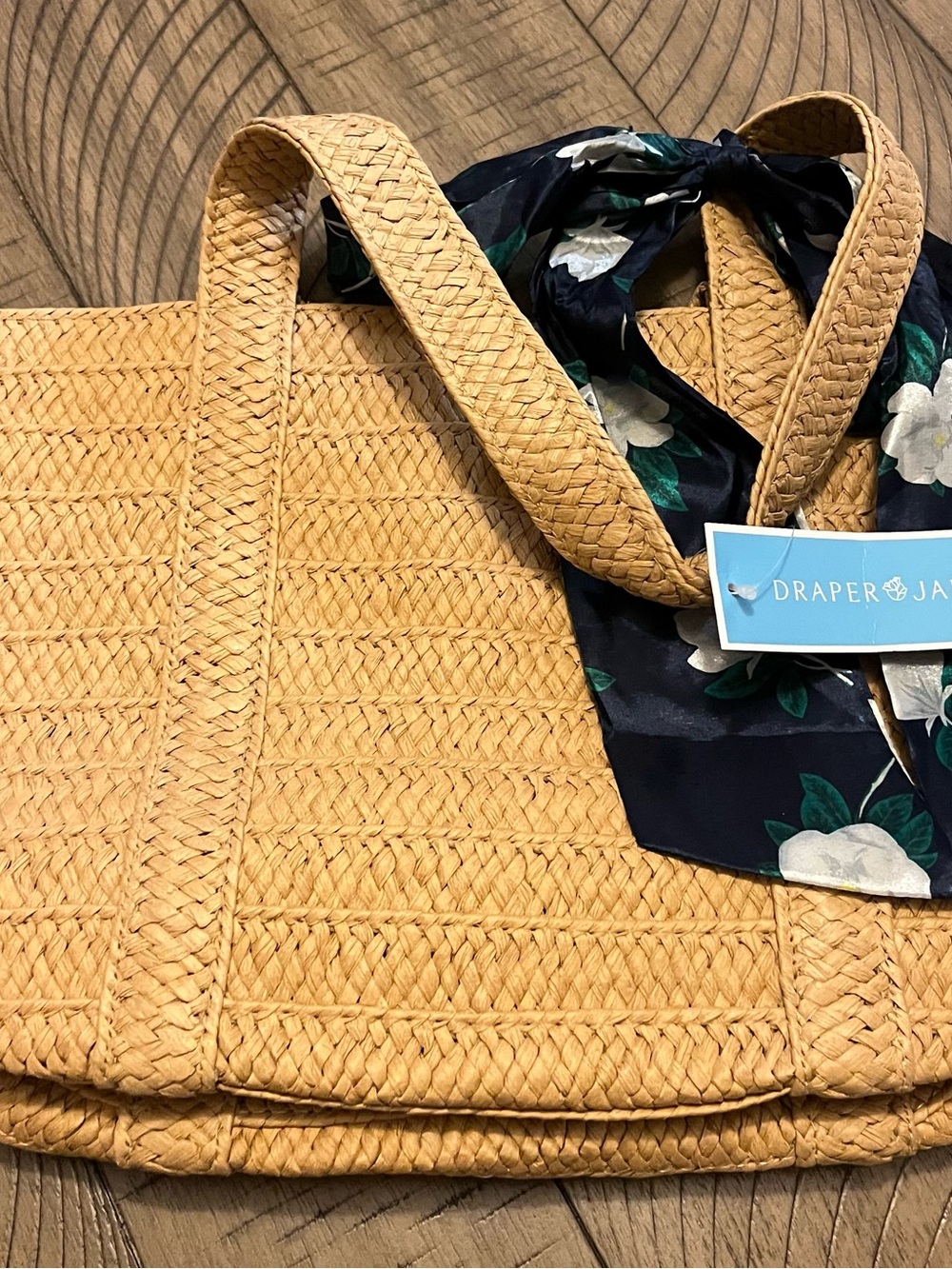 Draper James Natural Straw Small Tote with Navy Floral Scarf Accent